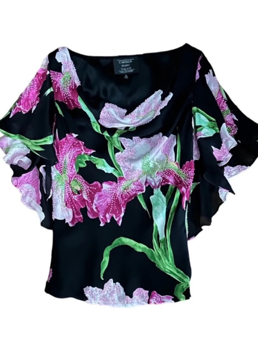 Carmen Marc Valvo Black Floral Print Draped Neck Short Sleeve Silk Top Size 4 - Picture 8 of 8